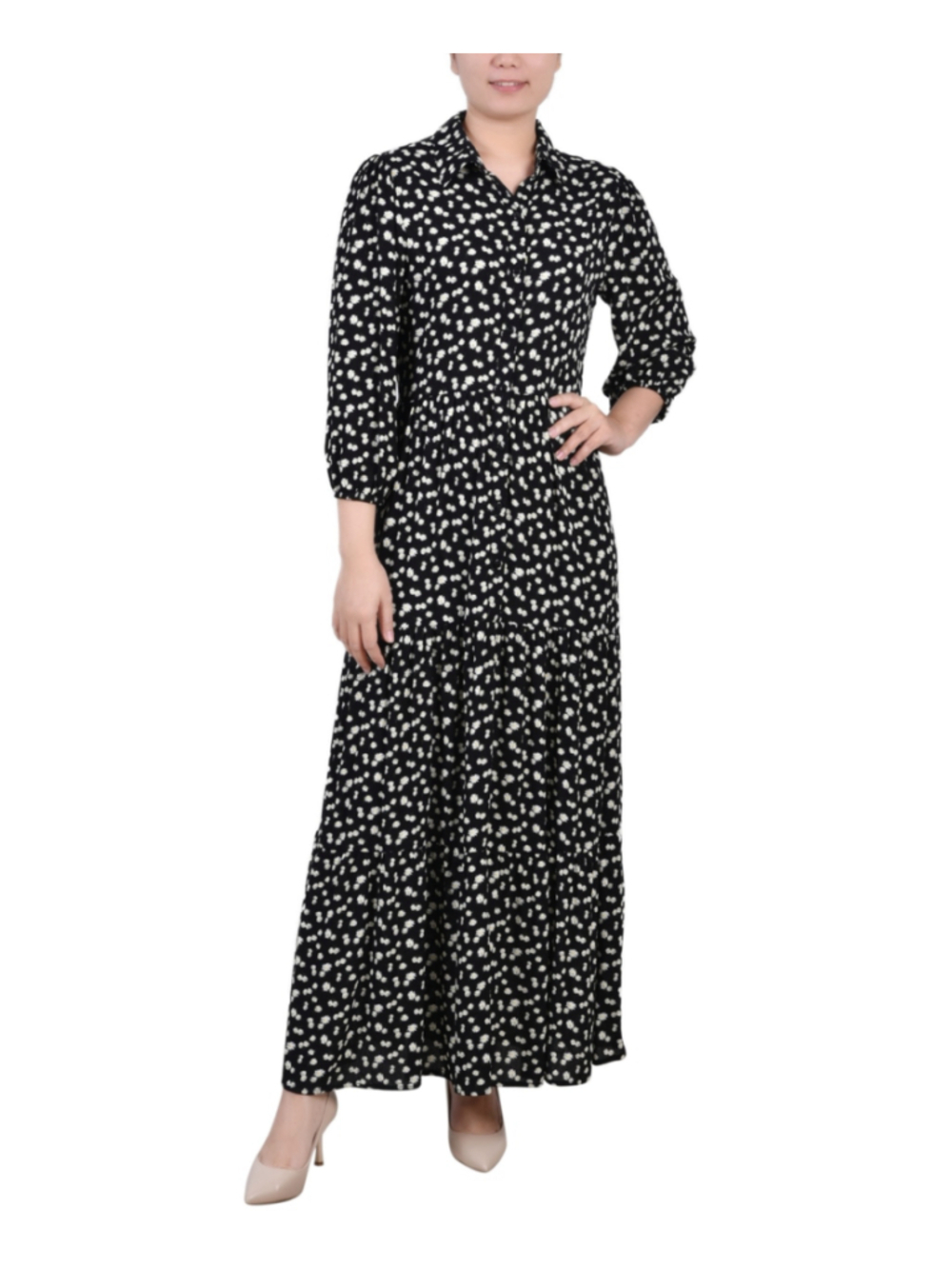 NY Collection Women's Medium Petite Black Floral Tiered Maxi Shirt Dress NWT